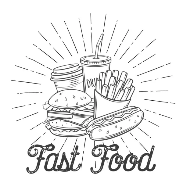 快餐图标 复古风格 矢量插图 切碎的热狗 薯条和汉堡包 咖啡厅菜单标志 — 图库矢量图片