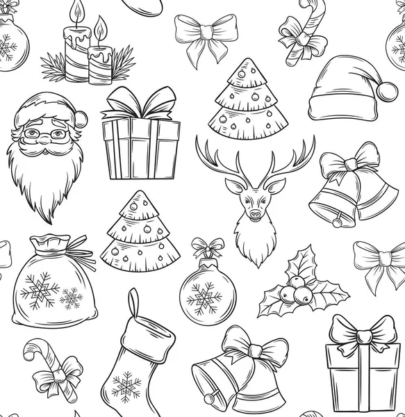 メリークリスマスのシームレスなパターン 休日の贈り物 鹿やクリスマスツリー ろうそく ホリー キャンディー サンタクロース ベクターイラスト — ストックベクタ