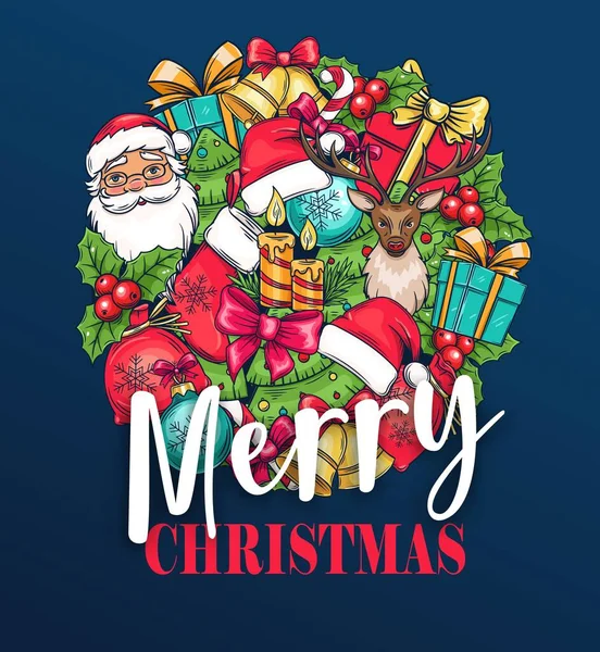 メリークリスマスバナーベクトルイラスト 休日の贈り物 鹿やクリスマスツリー ろうそく ホリーキャンディー サンタクロース — ストックベクタ