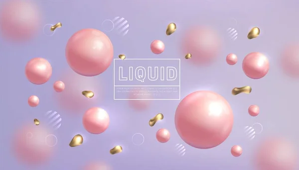 Liquid Fluid Background Golden Glitter Drops Pink Balls Geometric Elements — Stock Vector