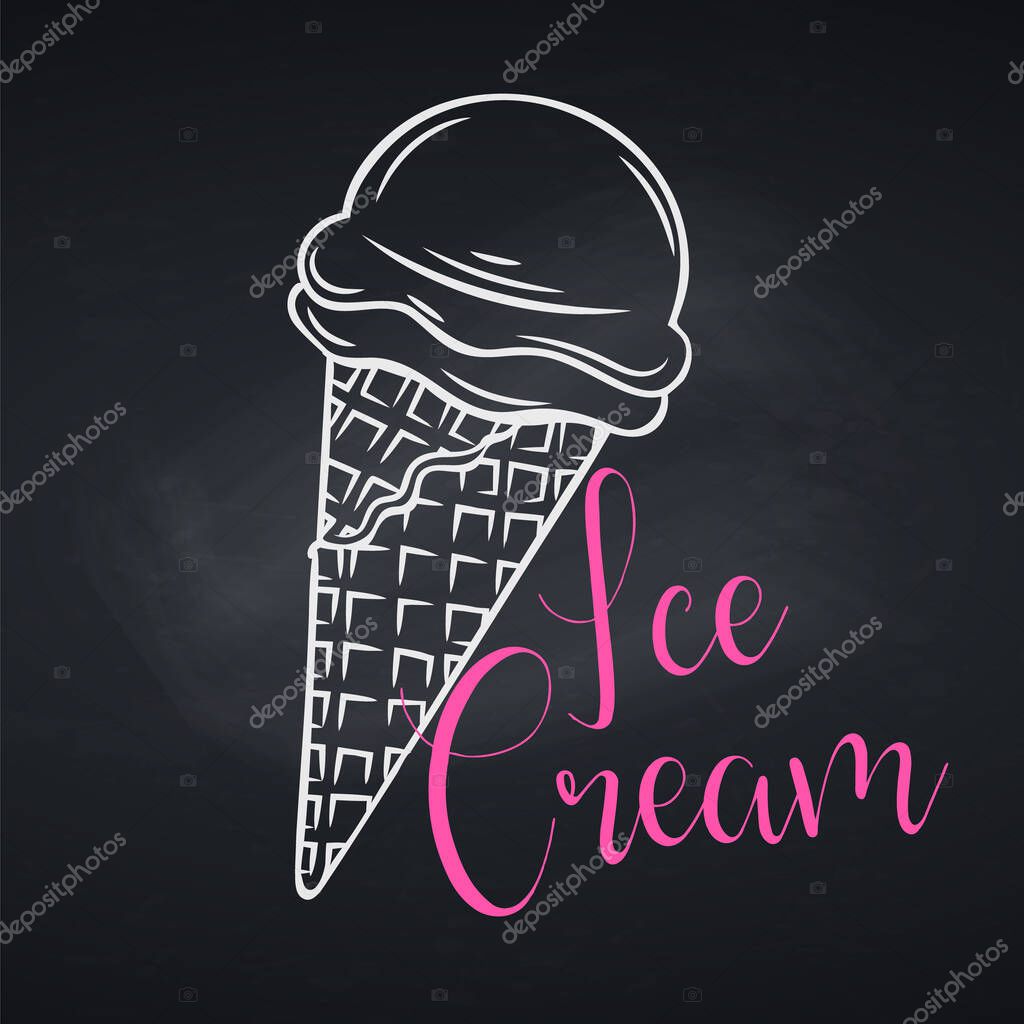 Hand drawn ice cream cone on chalkboard. Template menu cafe. for design menu cafe, label and packaging. Engraving style. Vector illustration.