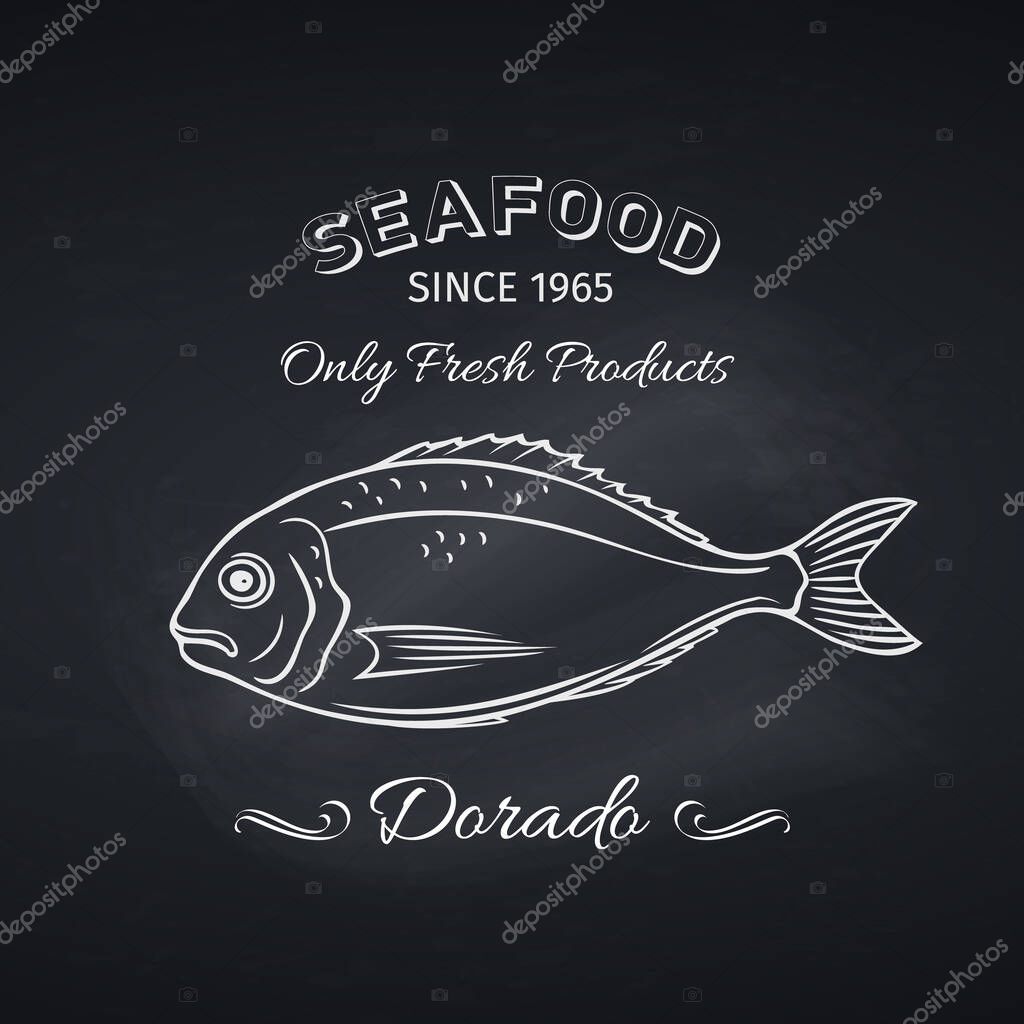 Hand drawn dorado fish fish on chalkboard. Seafood icon menu restaurant design. Engraving style. Vector illustration.