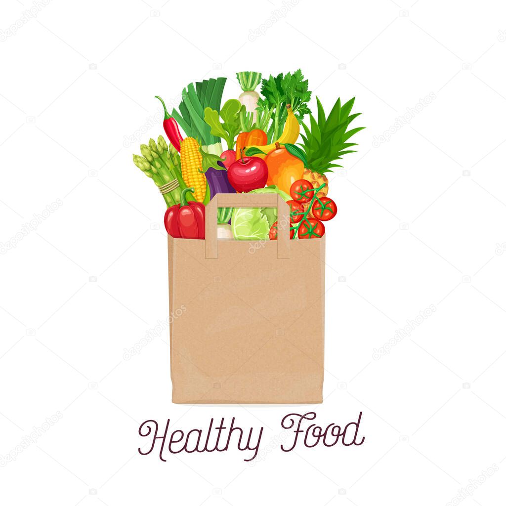 Paper bag with vegetables and fruits. Concept of healthy food and diet. Vector illustration.