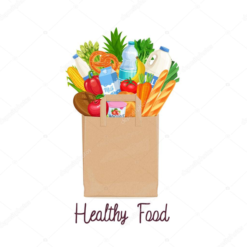 Paper bag of groceries. Concept of healthy food with dairy products, bakery, vegetables and fruits. Vector illustration.