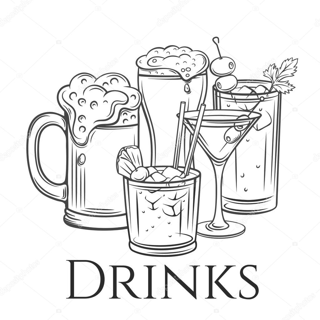 Alcoholic drinks icon, vector illustration. Engraved beer and cocktails banner. Retro style.