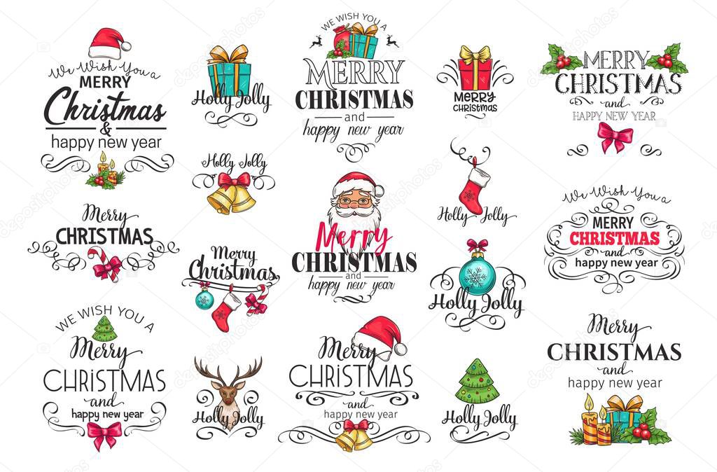 Christmas decoration labels. Vector flourishes typography calligraphy design elements, swirls or frames. Merry Christmas and happy holidays wishes.