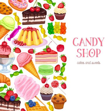 Şekerlemeler, şekerlemeler, menü tasarımı. Vector donut ve pamuk şeker, kek, waffle, bisküvi ve jöle. Tatlı, lolipop, şekerli dondurma, makarna ve puding..