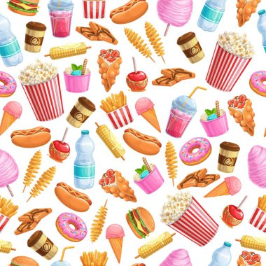 Kusursuz sokak yemeği. Paket yemek ya da balonlu waffle, Hong Kong, patates cipsi, limonata ve elmalı karamel, hamburger ve sosisli sandviç. Vektör illüstrasyonu.
