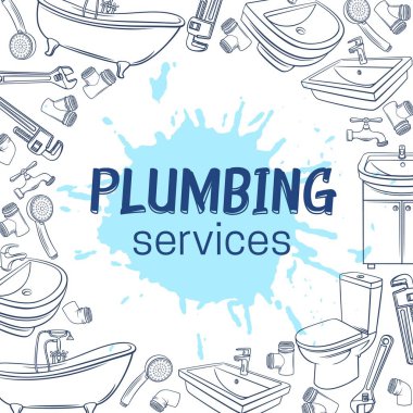 Tesisat servisi tasarımı. El yapımı duş, banyo lavabosu, tuvalet, hijyenik anahtar ve tesisat tasarımı için musluk. Suluboya damlalarıyla çizim vektörü çizimi.