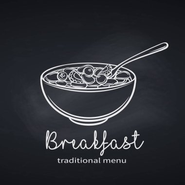 Süt ve böğürtlen taneleri. El çizimi monokrom ikonu kahvaltısı. Doğrusal mürekkep tanecikli vektör çizimi. Chalkboard retro biçimi.