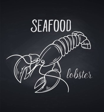 El yapımı ıstakoz ikonu. Broşürler, afişler, restoran menüleri ve pazar için karatahta tarzı deniz ürünleri vektör rozeti