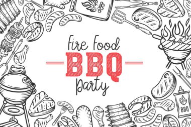 Et, tavuk, balık, sosis ve aletlerle barbekü planlama partisi. Vektör el çizimi çizimi çizimi.