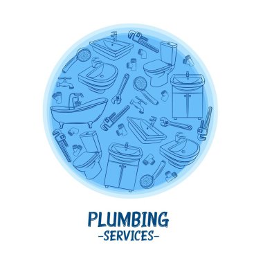 Tesisat servis afişi. Taslak duş, banyo lavabosu, tuvalet, ingiliz anahtarı ve tesisat tasarımı için musluk..