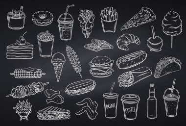 Sokak yemekleri ikonları, karatahta tarzı. Paket yemek, waffle, Hong Kong, patates cipsi, limonata ve karamelli elma. Retro vektör çizimi fast food patates kızartması, hamburger