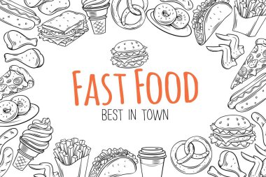 Fast food şablon çerçevesi ve menü tasarımı için sayfa tasarımı. Atıştırmalık, hamburger, patates kızartması, sosisli, taco, kahve, sandviç, dondurma ve eski usul..
