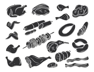 Gastronomik et ürünleri seti. Dekoratif vektör, et üretimi, broşürler, pankart, restoran menüsü ve pazarı için geçmişe dönük tasarım tarzında izole edilmiş illüstrasyon