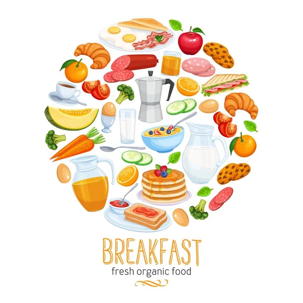 Banner Desayuno Vector Diseño Alimentos Jarra Leche Cafetera Taza Frutas — Vector de stock