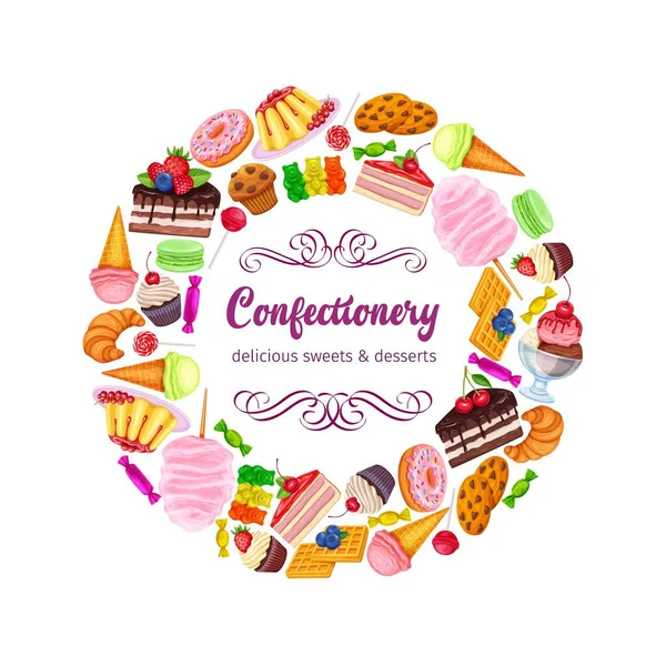 Confectionery Sweets Layout Vector Donut Cotton Candy Muffin Waffles Biscuits — Stock Vector