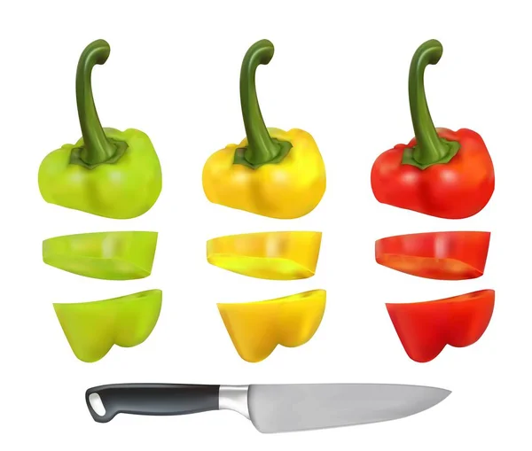 Cut Bulgarian Pepper Kitchen Knife Realistic Vector Illustration Slices Vegetables — Stock Vector