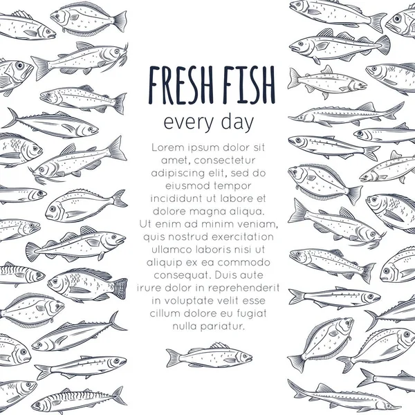 Fischhintergrund Vektorseite Meeresfrüchte Design Mit Dorade Makrele Thunfisch Oder Sterlet — Stockvektor