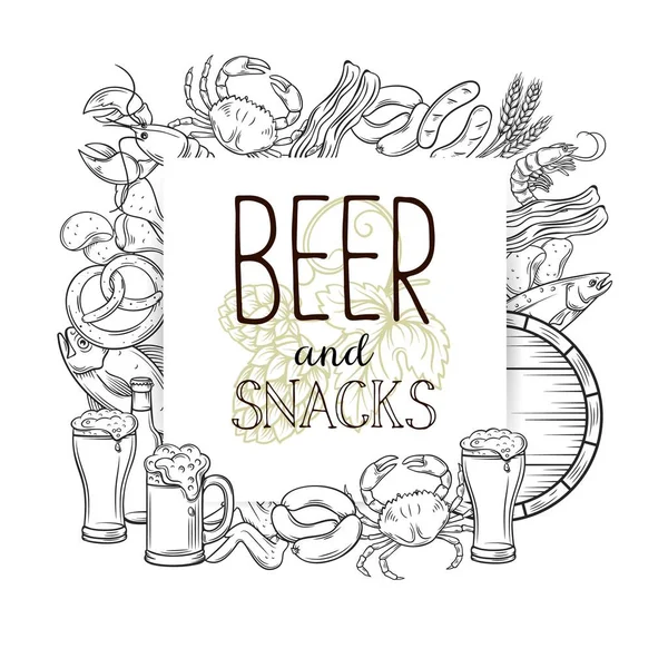 Закуски Баннер Рисунком Пива Плакат Векторного Алкоголя Закусок Крабом Лобстером — стоковый вектор