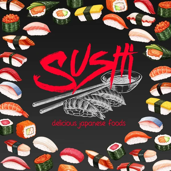 Σχεδιασμός Vector Layout Japanese Sushi Roll Για Μοντέλο Προώθησης Ασιατικής — Διανυσματικό Αρχείο