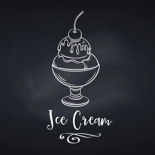 手绘冰淇淋球在玻璃碗与樱桃和糖浆甜点图标徽章设计菜单咖啡店 标签和包装 黑板的风格 — 图库矢量图片