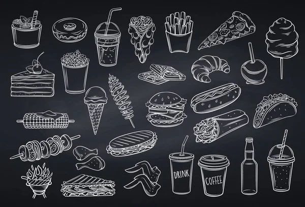 Sokak yemekleri ikonları, karatahta tarzı. Paket yemek, waffle, Hong Kong, patates cipsi, limonata ve karamelli elma. Retro vektör çizimi fast food patates kızartması, hamburger