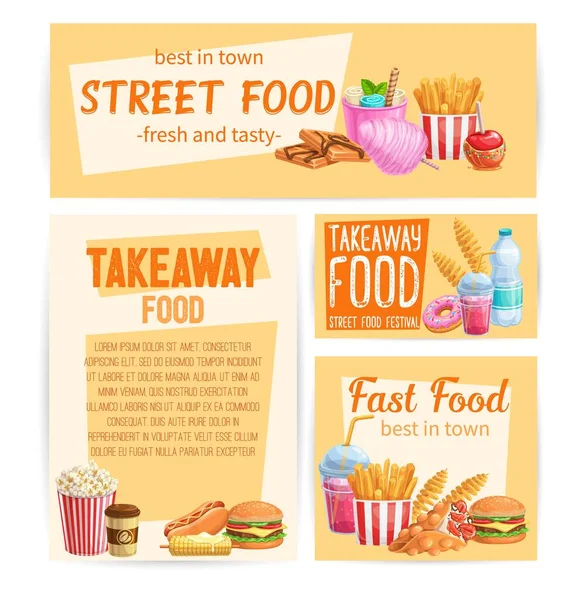 Πανό Γρήγορου Φαγητού Takeaway Γεύματα Δρόμο Φόντο Τροφίμων Φούσκα Βάφλες — Διανυσματικό Αρχείο