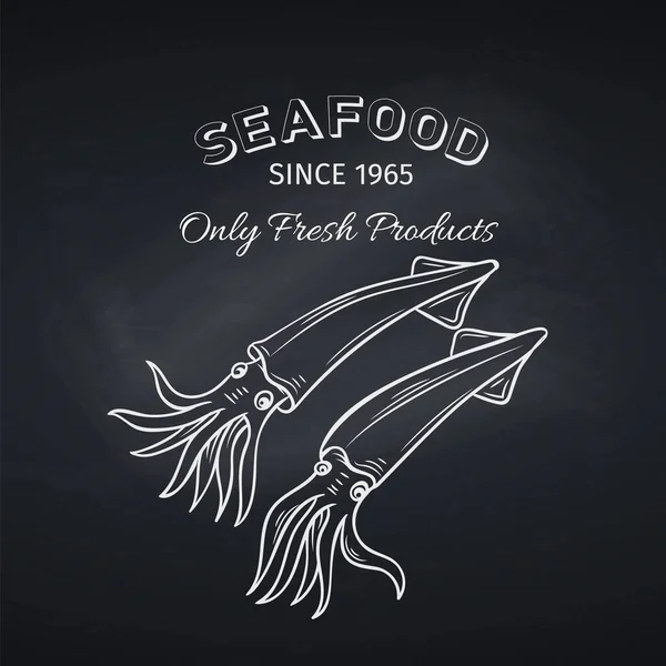 Tahtaya Elle Çizilmiş Mürekkep Balığı Deniz Ürünleri Ikonu Restoran Tasarımı — Stok Vektör