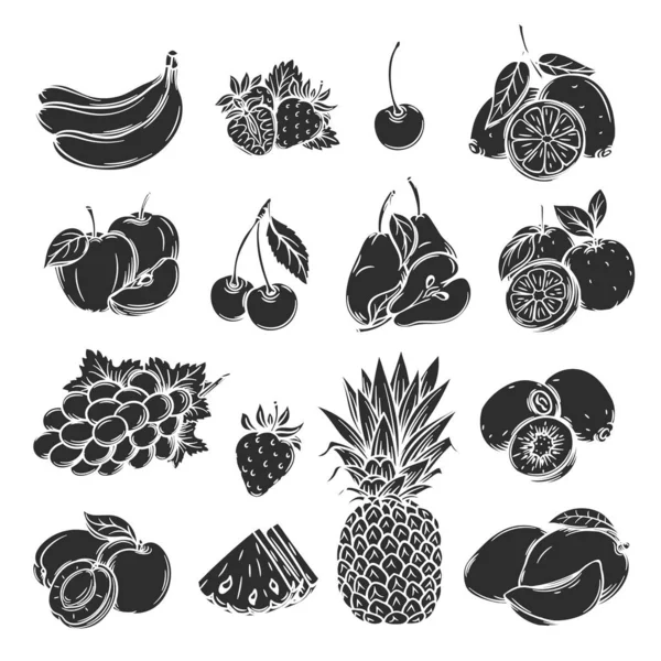 Set Icone Frutta Bacche Dalla Silhouette Vettoriale Collezione Decorativa Stile — Vettoriale Stock