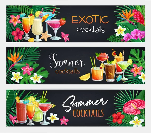 Exotic Cocktails Banners Summer Alcoholic Holiday Beach Party Drinks Long — Stock Vector