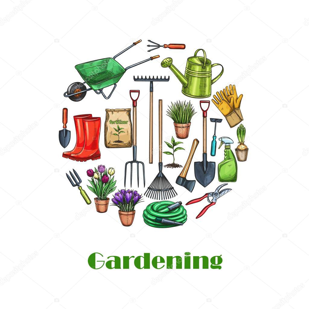 Gardening banner. Garden tools and flowers vector illustration in sketch style. Rubber boots, seedling, tulips, gardening can and cutter. Fertilizer, glove, crocus, insecticide and watering hose
