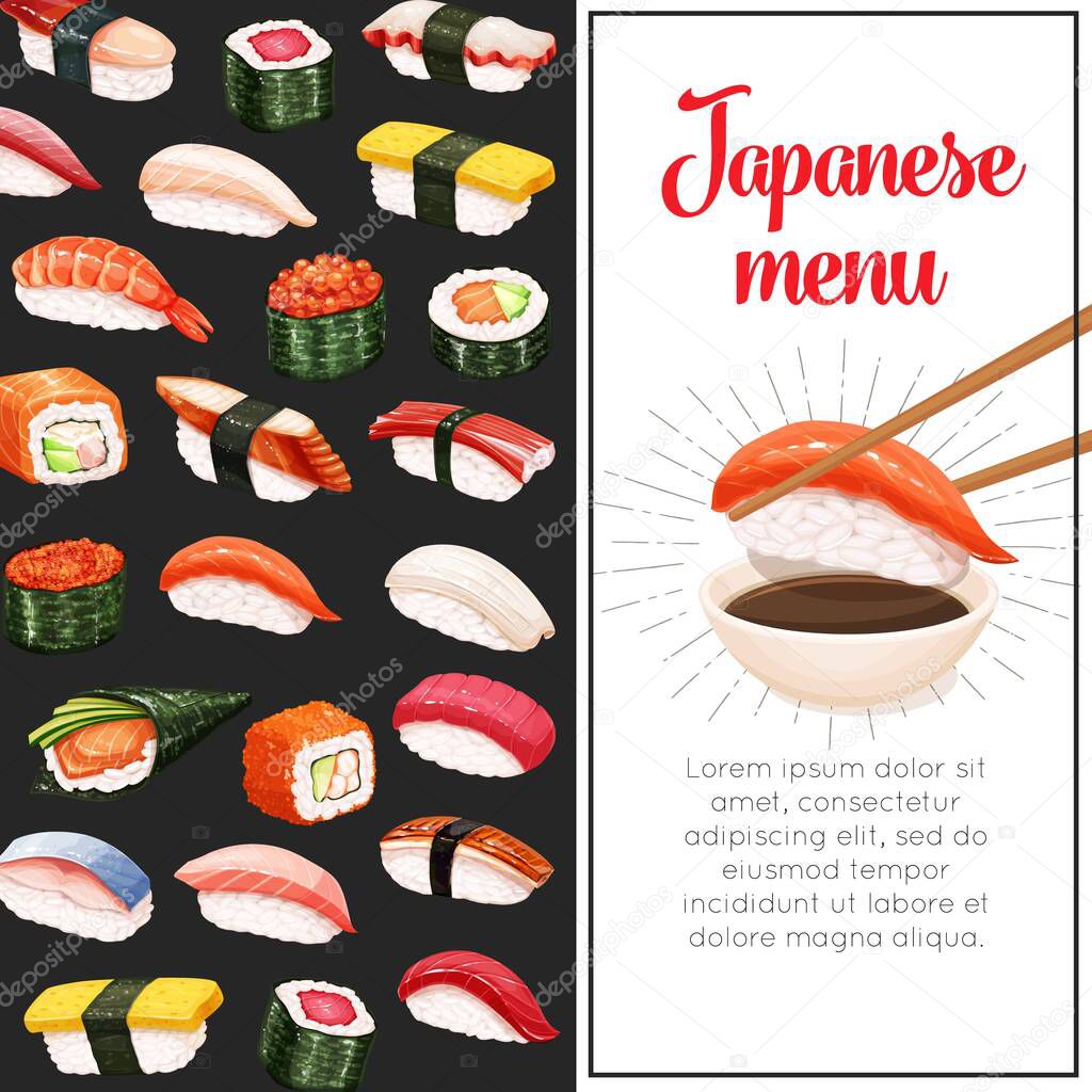 Sushi bar munu. Japanese food vector illustration for sushi rolls shop