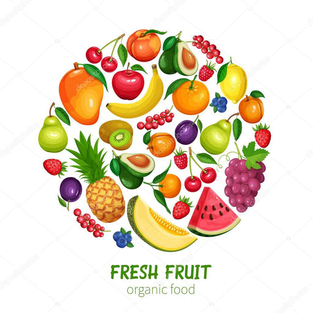 Berries and Fruits Design Healthy Food in Cartoon Style. Raspberries, Strawberries, Grapes, Currants and Blueberries. Lemon, Peach, Apple or Pear, Orange, Watermelon, Avocado and Pineapple