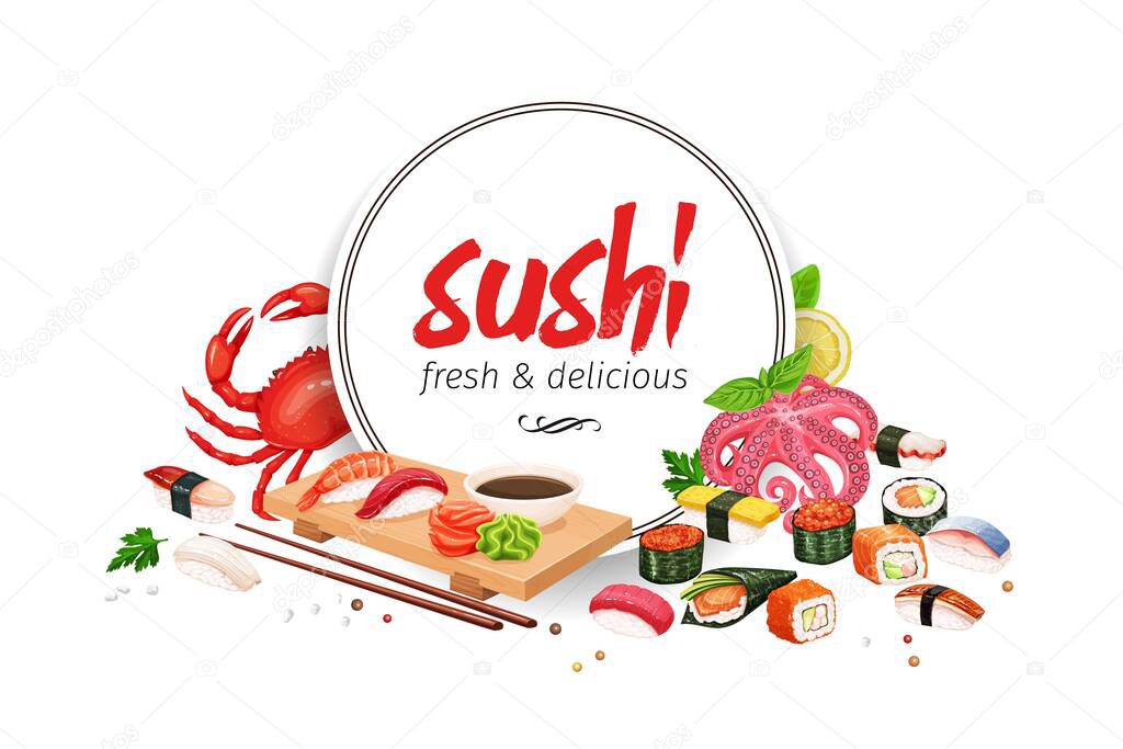 Sushi banner, japanese food for design asian cuisine promotion design. Vector illustration.