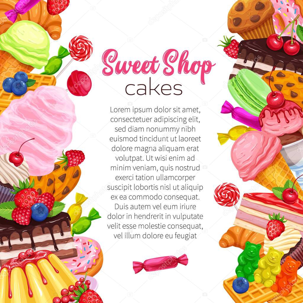Posters template with confectionery and sweets. Dessert, lollipop, ice cream with candied, macaron and pudding. Donut and cotton candy, muffin, waffles, biscuits and jelly