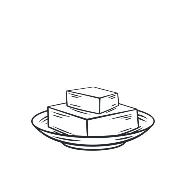 Vektör ana hatlı tereyağı ikonu. Dilimlenmiş çiftlik sütçüsü ürünleri tabakta. Retro biçimi.