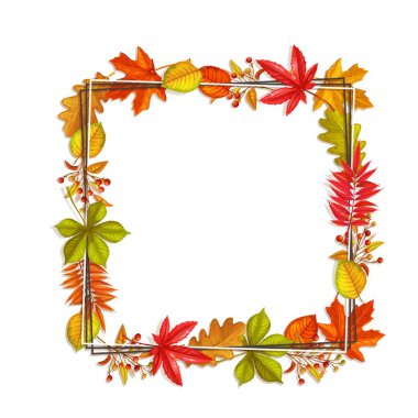 Sonbahar yaprakları, akçaağaç, karaağaç, kestane ve sonbahar meyveleriyle mevsimlik sonbahar çerçevesi. Vektör illüstrasyonu.