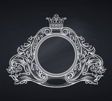 Eski amblem ya da kabartma, oyma. Retro barok çerçeve sınır yaprağı tomar çiçek desenli retro çiçek desenli antika desen girdap dekoratif dekoratif tasarım unsuru karatahta vektör düğünü.