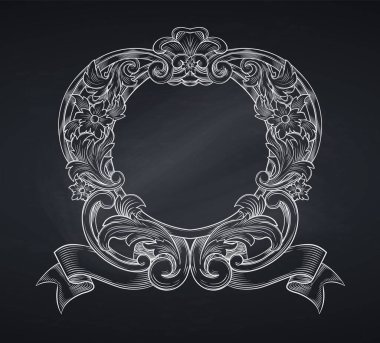 Eski amblem ya da kabartma, oyma. Retro barok çerçeve sınır yaprağı tomar çiçek desenli retro çiçek desenli antika desen girdap dekoratif dekoratif tasarım unsuru karatahta vektör düğünü.