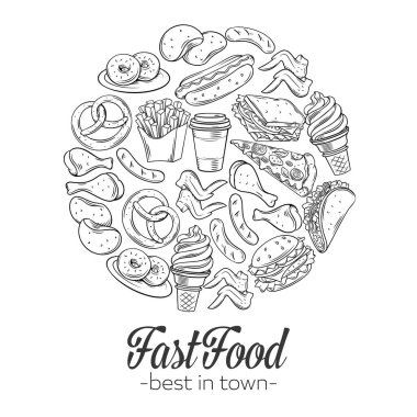 Fast food şablon afişi, menü tasarımı. Atıştırmalık, hamburger, patates kızartması, sosisli, taco, kahve, sandviç, dondurma içeren vektör çizimi