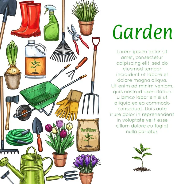 Gartengestaltung Gartengeräte Topfblumen Und Dünger Skizzenstil Vektorillustration — Stockvektor