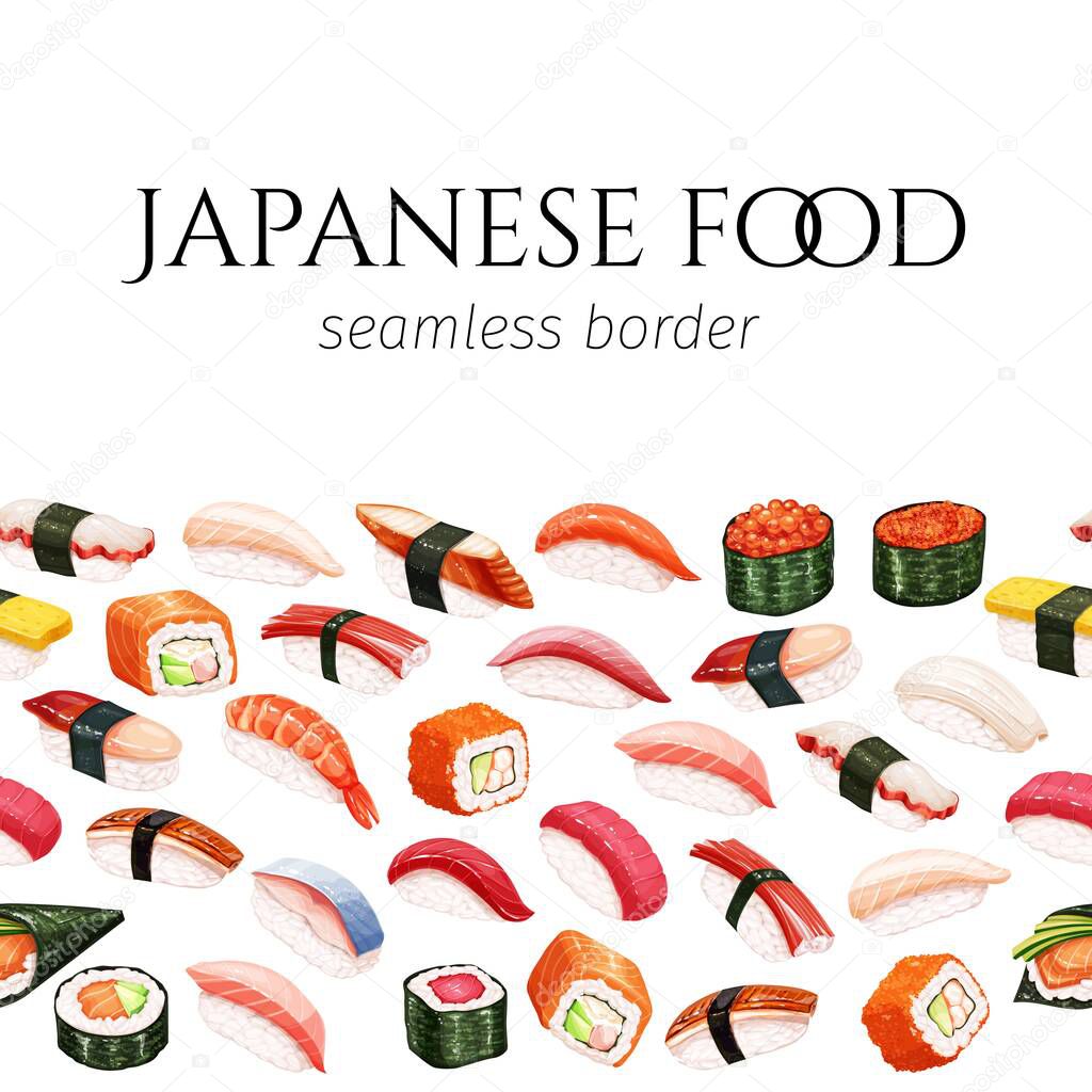 Seamless border japanese food. Seafood sushi rolls shop design. Vector illustration.