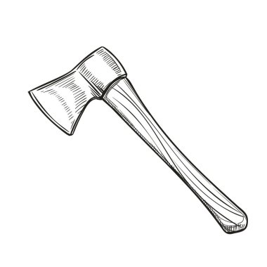 Tahta saplı balta, bahçe aletlerinin tasviri. Çizim biçimi.