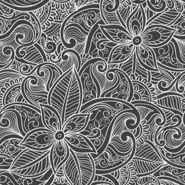 Paisley dikişsiz desen. Hint çiçekli monokrom süsü. Doğulu etnik motifler, Türk geçmişi. Vektör illüstrasyonu