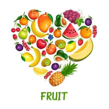 Meyveler ve meyveler sağlıklı yiyecekler tasarlar. Ahududu, çilek, üzüm, frenk üzümü ve yabanmersini. Limon, şeftali, elma veya armut, portakal, karpuz veya avokado ve ananas vektörü illüstrasyonu