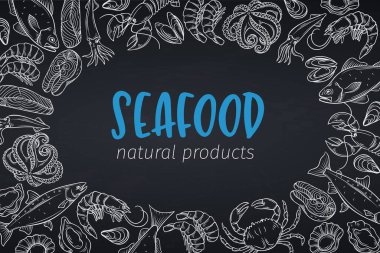 Balık posteri, karatahta tarzı. Çizgi ikonu tilapia, okyanus levreği, sardalya, ançüez, levrek ve dorado. Çipuralı deniz ürünleri, uskumru, tunny veya sterlet, morina balığı ve halibut. Retro biçimi.