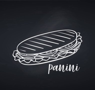 Elle çizilmiş panini ya da sandviç, karatahta tarzı. Tebeşir ana hatlarıyla fast food 'un klasik çizimi.