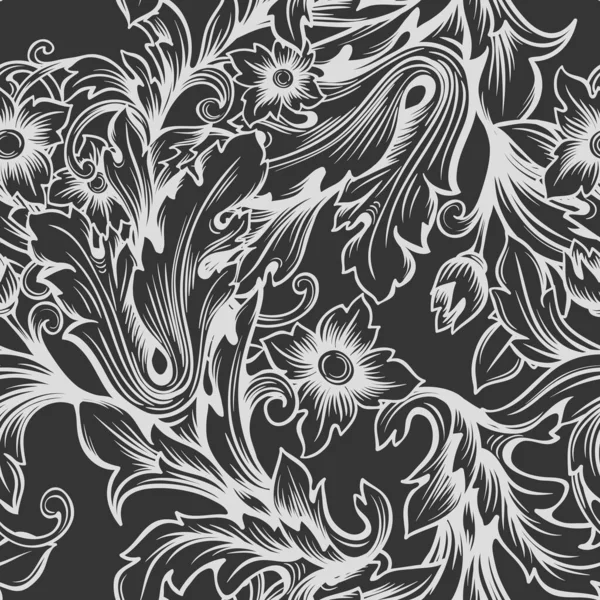ヴィンテージバロックモノクロシームレスパターン レトロ装飾ダークフローラルベクトルイラスト — ストックベクタ